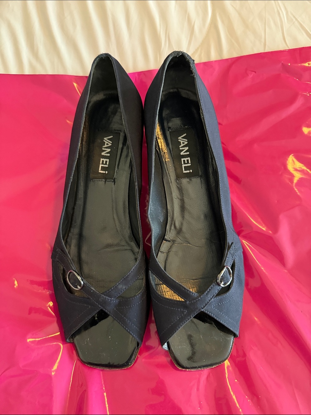 Vaneli Navy Peep-Toe Pumps with Crisscross Straps and Metal Rings